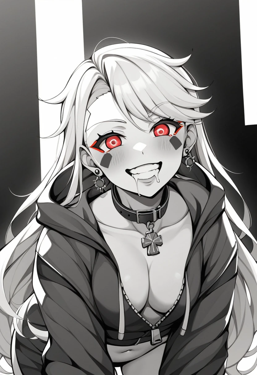 (masterpiece:1.2)、Highest quality、PIXIV、Rebellious girl、One girl、Open your mouth、鋭いteeth、teeth、Long Hair、Street background、gem、badge、ボタンbadge、Food、Bright red eyes、Earrings、Jacket、eyelash、Foodを下にして、Upper Body、Characters in clothes、zipper、collar、cable、chain、Stickers、hoodie、smile、Focus on the viewer、Chest in the center、Shoulder Bare、Belly button、Black and white hair color,leaning forward,Cyberpunk city,Night view,Black and white grey outfit,Overflowing drool、saliva、White Breath、Sigh