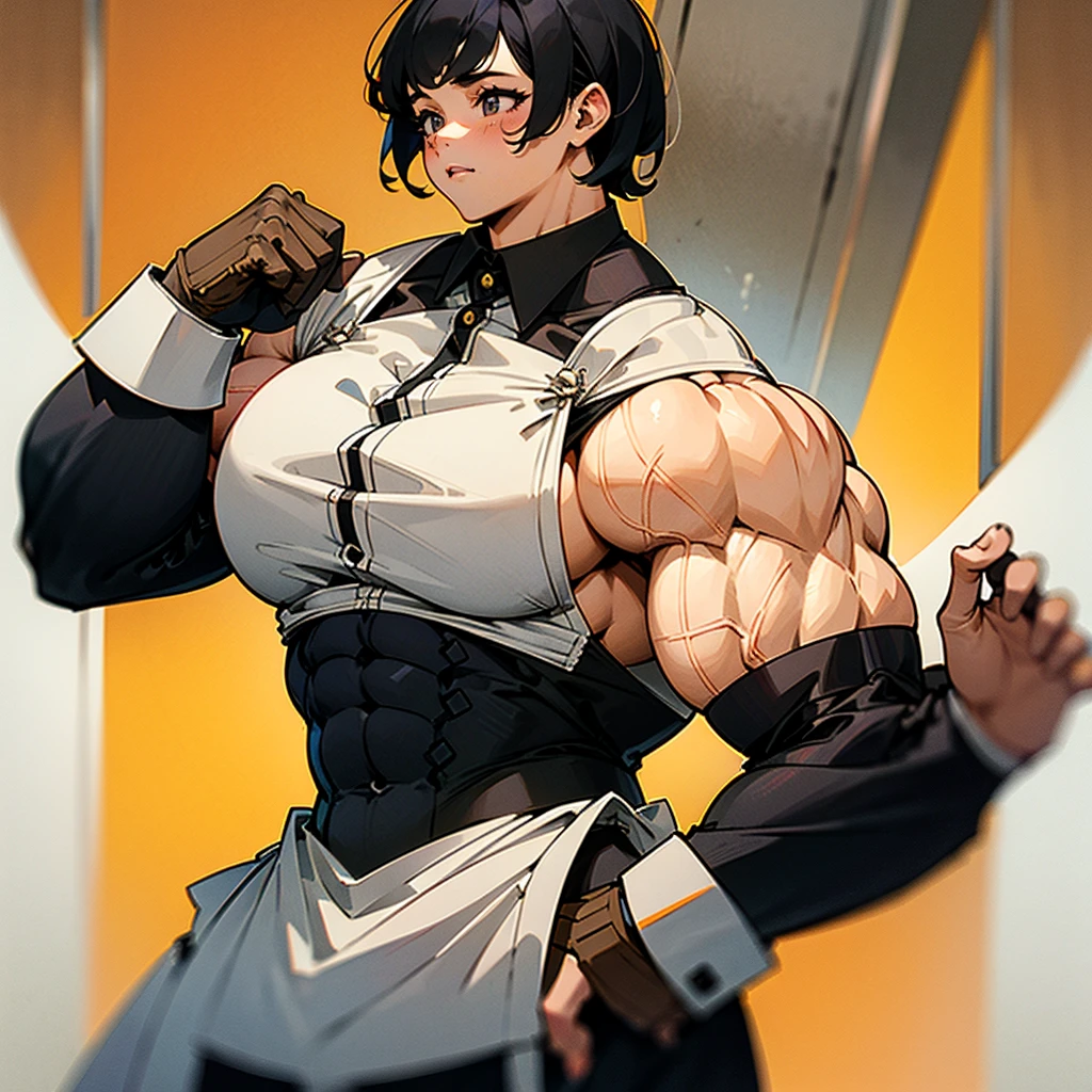 8K、Masterpiece、Highest quality、Highest quality、Very detailed、High resolution、Bright lighting、One girl、Black Hair、Short Hair、Maid Costume、Female Bodybuilder、Huge muscular body