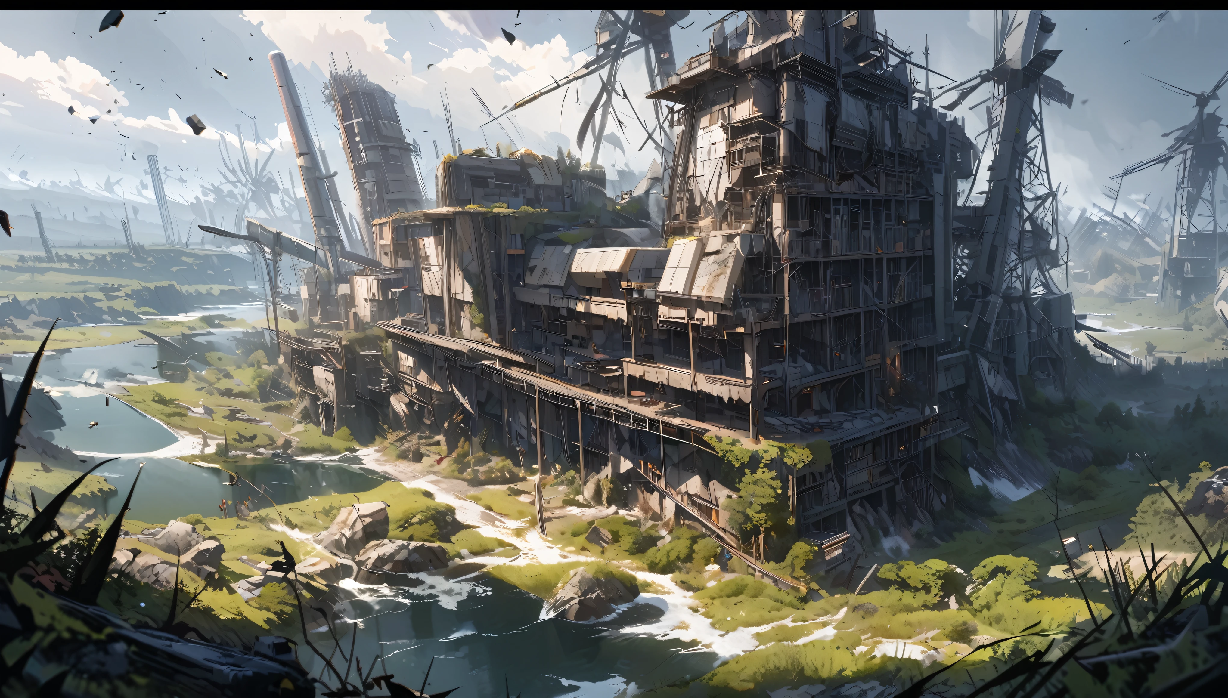 wilderness, broken wind power plant, ultra detailed, natural