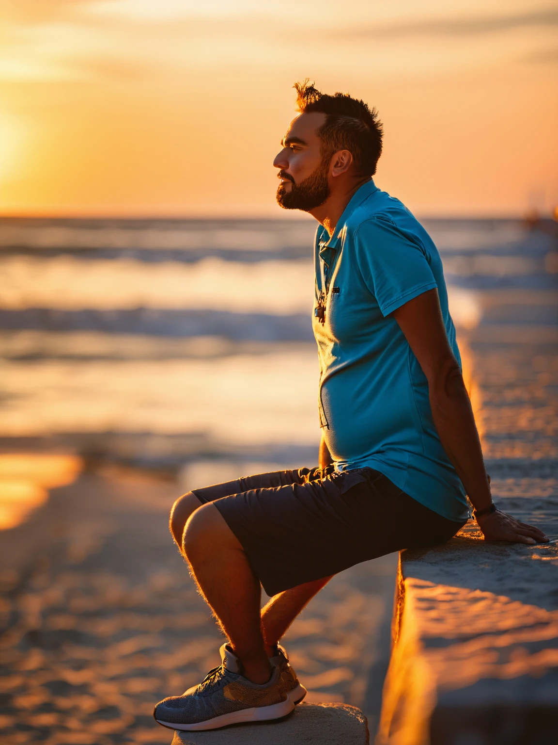 there is a man sitting on a ledge with his hands on his hips, with sunset, during sunset, during golden hour, photo taken with canon 5d, at beach at sunset, at a beautiful sunset, shot on nikon z9, casual photography, taken with sony alpha 9, candid picture, shot on canon eos r5, shot on canon eos r 5