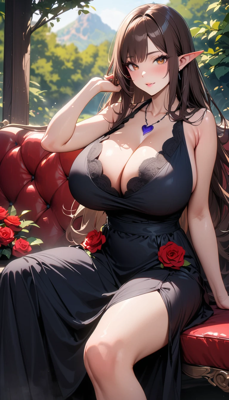 1 female, elf, mature woman, bewitching, solo, breasts, flower, brown hair, dress, sitting, heart print, tree, heart, rose, outdoors, brown eyes, long hair, looking at viewer, sleeveless dress, bush, lips, sleeveless, blurry, collarbone, red flower, blurry background, couch, red rose, bare shoulders, gigantic breasts, day, feet out of frame, bare arms ((Masterpiece)), ((Best Quality)), (Very Detailed), ((Very Detailed)), 4K, (8K), very aesthetic, absurdres highres,