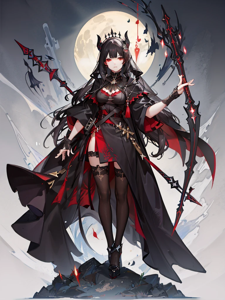 A girl with black hair and red eyes,Wearing a black cloak and heavy black robes,Heavy fog surrounds,She holds a dagger in her hand,Looking at you upright