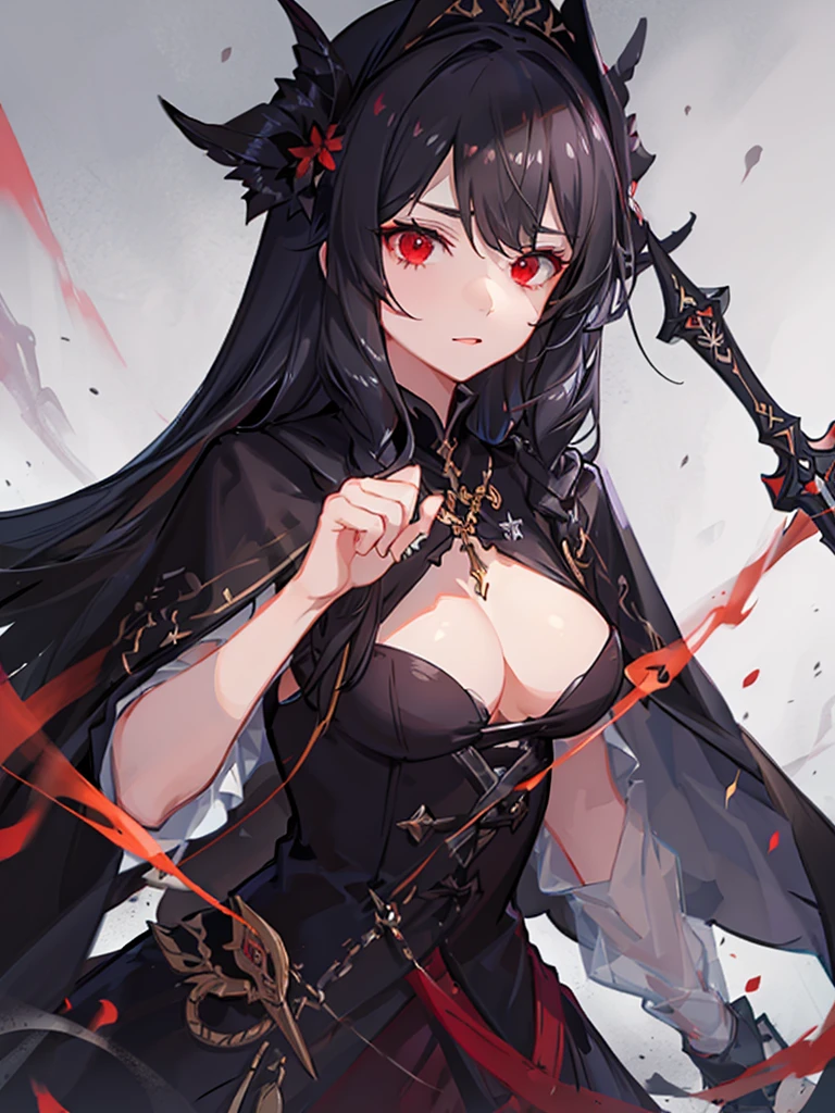 A girl with black hair and red eyes,Wearing a black cloak and heavy black robes,Heavy fog surrounds,She holds a dagger in her hand,Looking at you upright