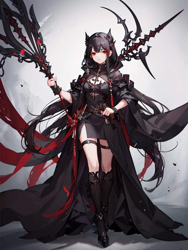 A girl with black hair and red eyes，Wearing a black cloak and heavy black robes，Heavy fog surrounds，She holds a dagger in her hand，Looking at you upright