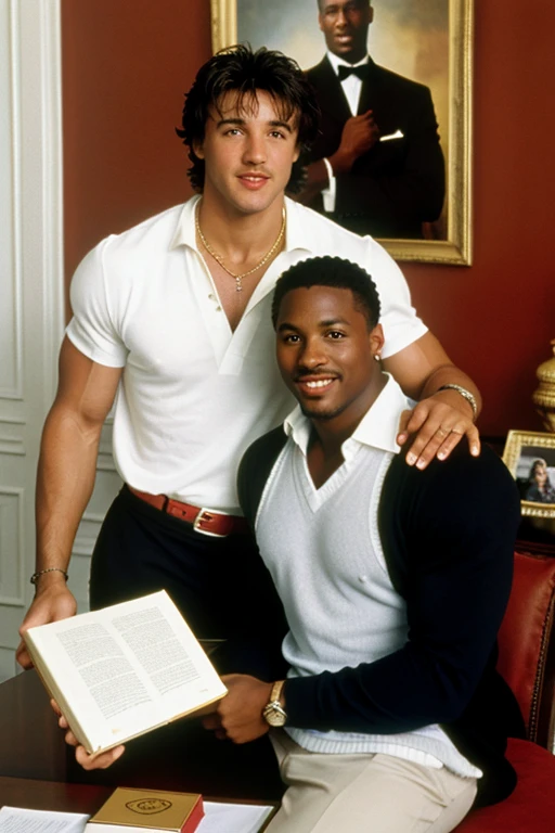 white man and black man having their photo taken, only two one must be African American and the other a white European, michael jordan, silvester stallone elegant clothes,background a desk with a book , photo from the 90s, michael jordan e silvester stallone