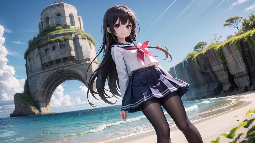 (masterpiece), town, blue sky, One Girl, Place the person on the right, smile, alone, Sailor suit、Long skirt, Overgrown, petal, plant、Skirt lining、Translucent slip、nostalgic、Black Pantyhose、I can see the ocean in the distance, Crotch close-up