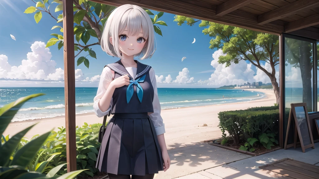 (masterpiece), town, blue sky, One Girl, Place the person on the right, smile, alone, Sailor suit、Long skirt, Overgrown, petal, plant、Skirt lining、Translucent slip、nostalgic、Black Pantyhose、I can see the ocean in the distance, Crotch close-up