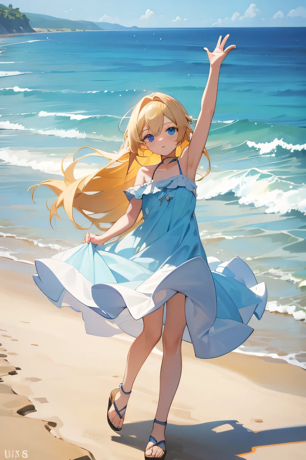 1girl, long blonde hair, blue eyes, wearing sundress, sandals, beautifult feet, beach, absurdres, high res, ultrasharp, 8K, masterpiece, looking at viewer