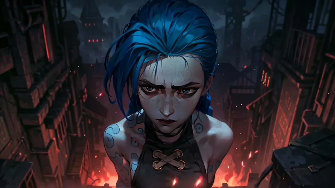 (masterpiece, Best quality), 1 girl, portrait, very sexy, erotica, having sex with a guy, nude, Beautiful elastic breasts, Volume , full length (full body 1.1.), очень feminine, fighting stance, battle, fire, explosions, burning city, Beautiful waist, gloomy composition, flame, fire, Flash, very beautiful, feminine, long hair, hair braided in long braids, very sexy, tight leather pants, emphasis on the eyes, face accent, Beautiful face, Hands, Hair, Haired ponytail, red purple eyes, Jinx is crying, Blue cloud tattoo, (masterpiece, Best quality), Side lighting, beautiful detailed eyes, crazy face), (Best quality), (masterpiece), magic photography, Spectacular lighting, Photorealism, ultra detailed, интимная portraitная композиция, 1. 4,8 k UHD, aesthetic, Cd., A high resolution, 8 k, better lighting, Best shade, Ultra-HD, A high resolution, sharp focus, Complex background, Cinematic lighting, ((Landscape view)), 4K block, (better lighting), ((Cinematic lighting)),