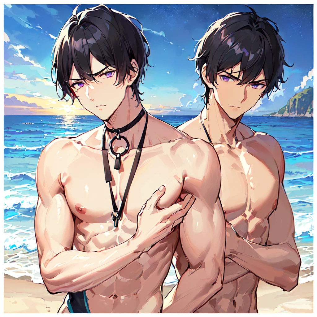 masterpiece,best quality,high quality,extremely detailed,(1male austere handsome adult age 30 years old solo:1.5),(purple eyes, cool with suspended eyes), (8.5 head tall and 185cm tall with strong and fearless body,(well-groomed black short hair to neck:1.4), (bangs parted in thirds:1.4), (naked upper body with pectoral and rectus abdominis muscles:1.3), slender nose, facial muscles, (swimsuit:1.3), (hand on neck:1.3), (stylish pose), (scowl:1.3), (ocean beach:1.3), (Night Sky :1.3), (full body:1.3)