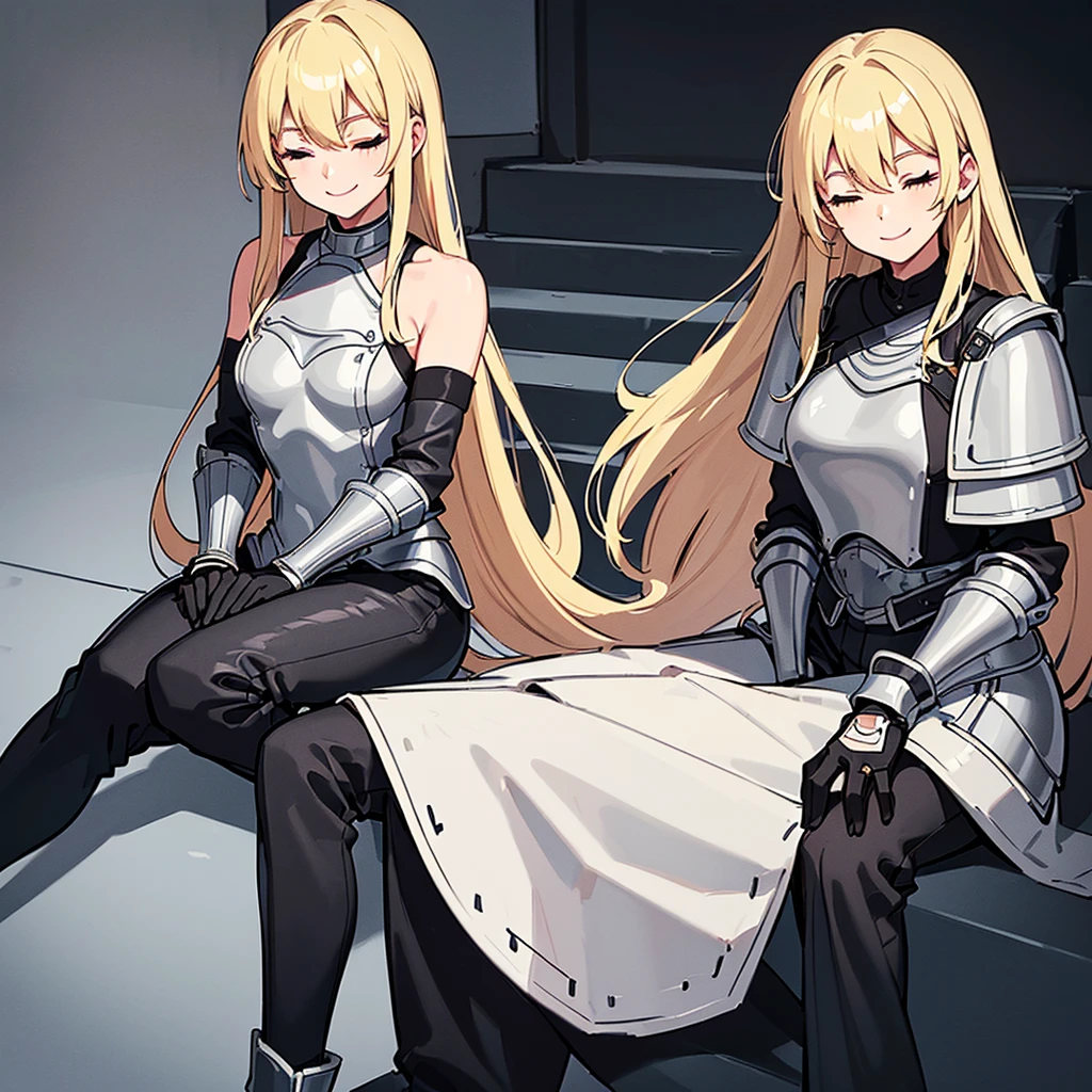 (((Solo)))、Highest quality, Best Quality、8K、Best illustrations、(((Gray simple armor、Black trousers、Black gloves))、(woman、18-year-old)、(Blonde、Long Hair)、(White background)、(Sit on the stairs)、(Close your eyes、smile、smile)、wave hands