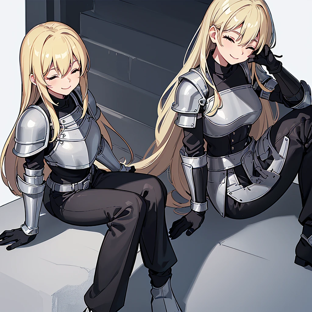 (((Solo)))、Highest quality, Best Quality、8K、Best illustrations、(((Gray simple armor、Black trousers、Black gloves))、(woman、18-year-old)、(Blonde、Long Hair)、(White background)、(Sit on the stairs)、(Close your eyes、smile、smile)、wave hands