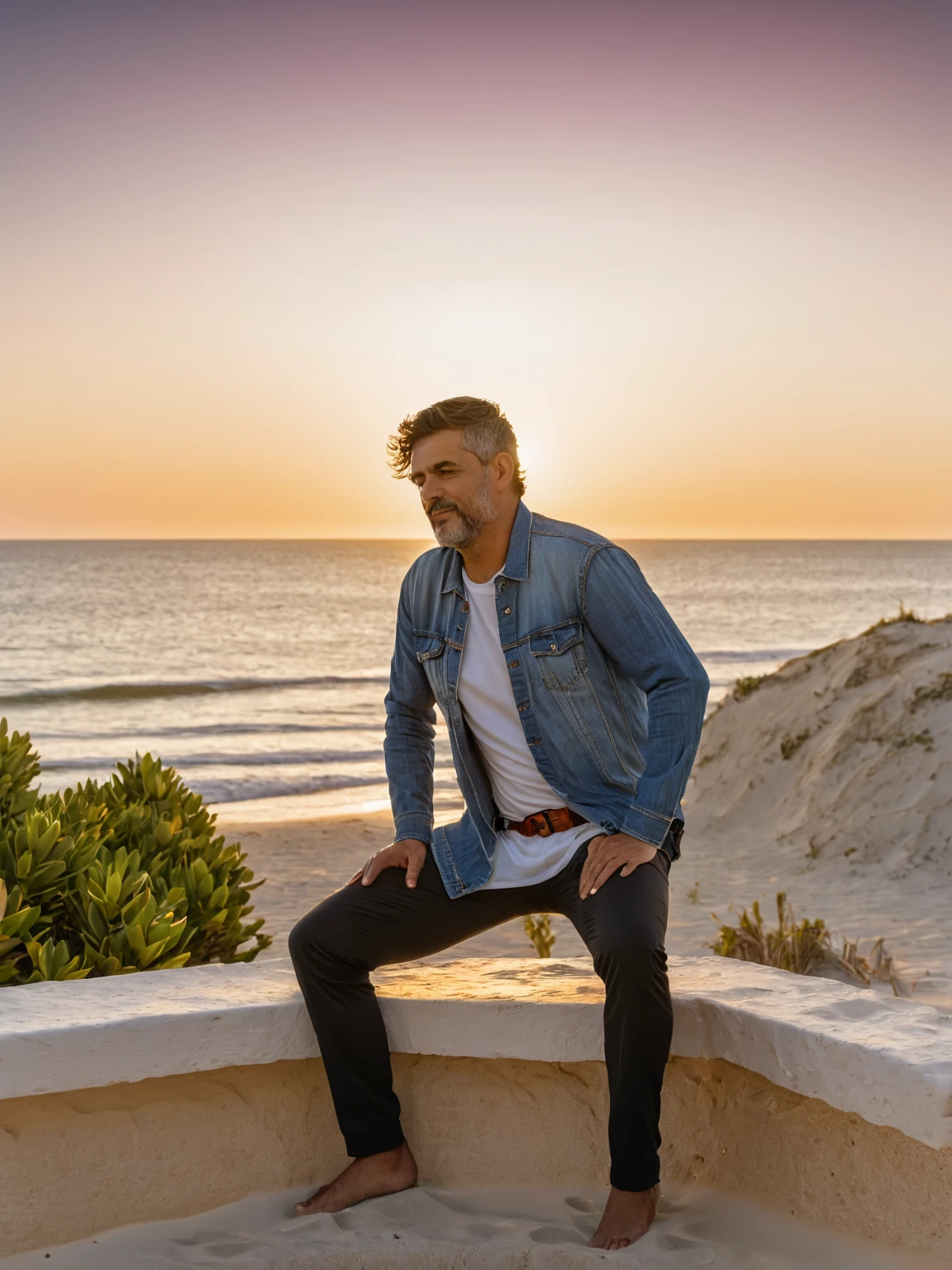 there is a man sitting on a ledge with his hands on his hips, with sunset, during sunset, during golden hour, photo taken with canon 5d, at beach at sunset, at a beautiful sunset, shot on nikon z9, casual photography, taken with sony alpha 9, candid picture, shot on canon eos r5, shot on canon eos r 5