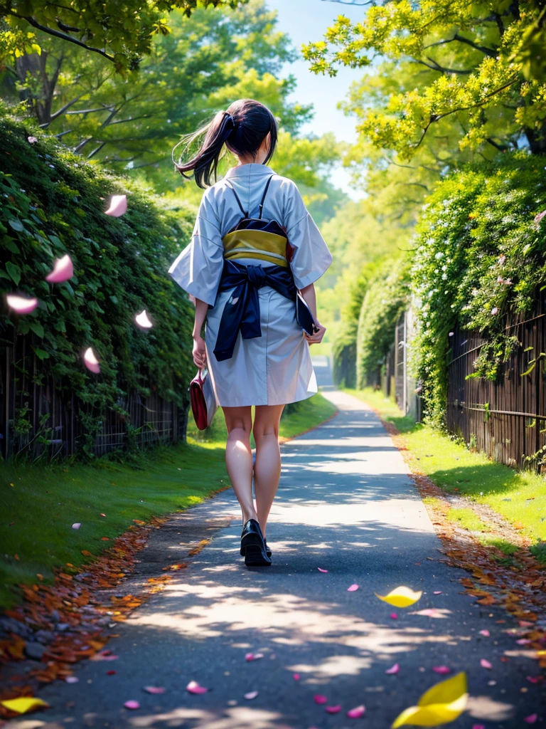 Highest quality,Highest Resolution,A woman walking along a Japanese greenway with petals falling,