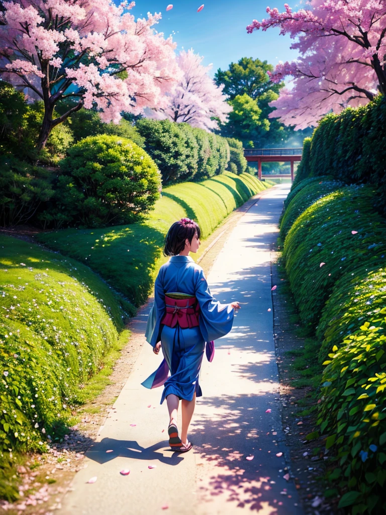Highest quality,Highest Resolution,A woman walking along a Japanese greenway with petals falling,