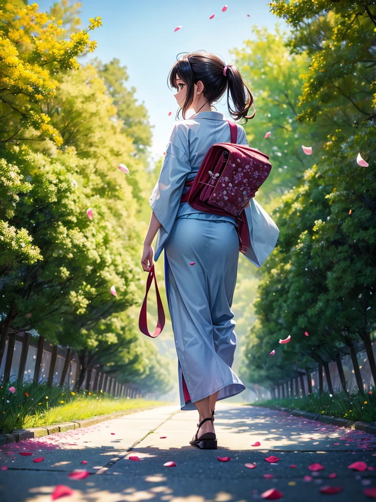 Highest quality,Highest Resolution,A woman walking along a Japanese greenway with petals falling,