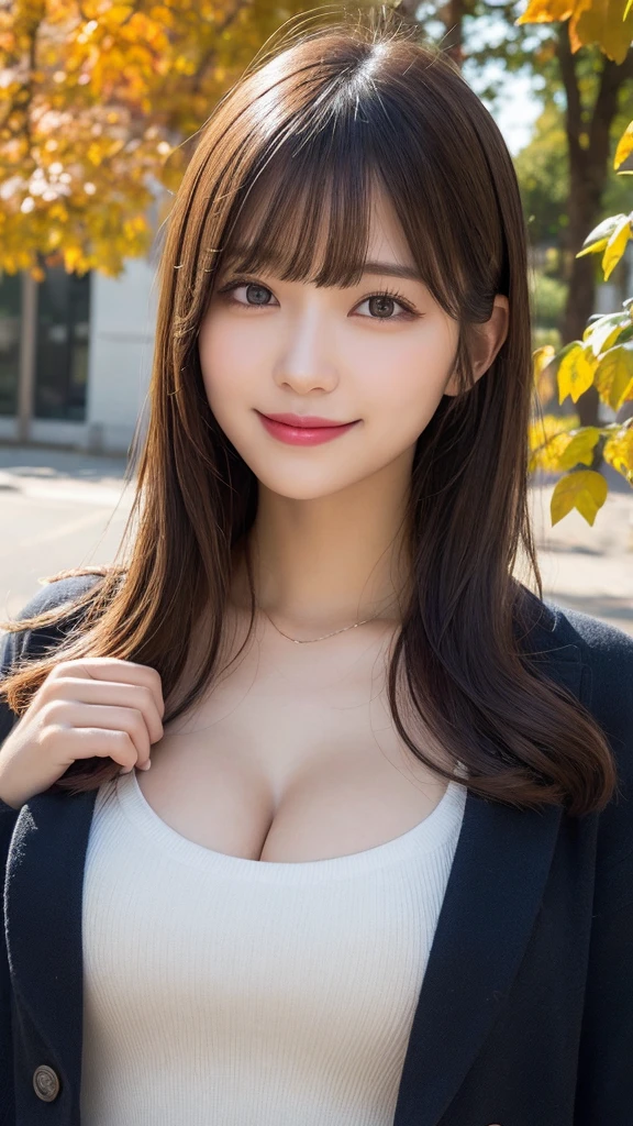 nice smile seeing this、One pretty woman、Bold poses、a smile、18 year old girl、Cute、The upper part of the body、
Under the Autumn Sky、Colorful color sweateredium hair、、Natural color lip、fair white skin、
masutepiece、top-quality、illustratio、ultra-definition、Fine、hight resolution、8k wallpaper、Perfect dynamic composition、beatiful detailed eyes、Clean and correct hands、tre anatomically correct、sharp focus master piece, Best Quality, Illustration, Ultra-detailed, finely detail, hight resolution, 8K Wallpaper, Perfect dynamic composition, Beautiful detailed eyes, Natural color lip, Random and cute poses, flowing bangs,cleavage of the breast, Smile Face,high resolution,16K,high quality,4K,High Detail,8K,Wind Magic,,