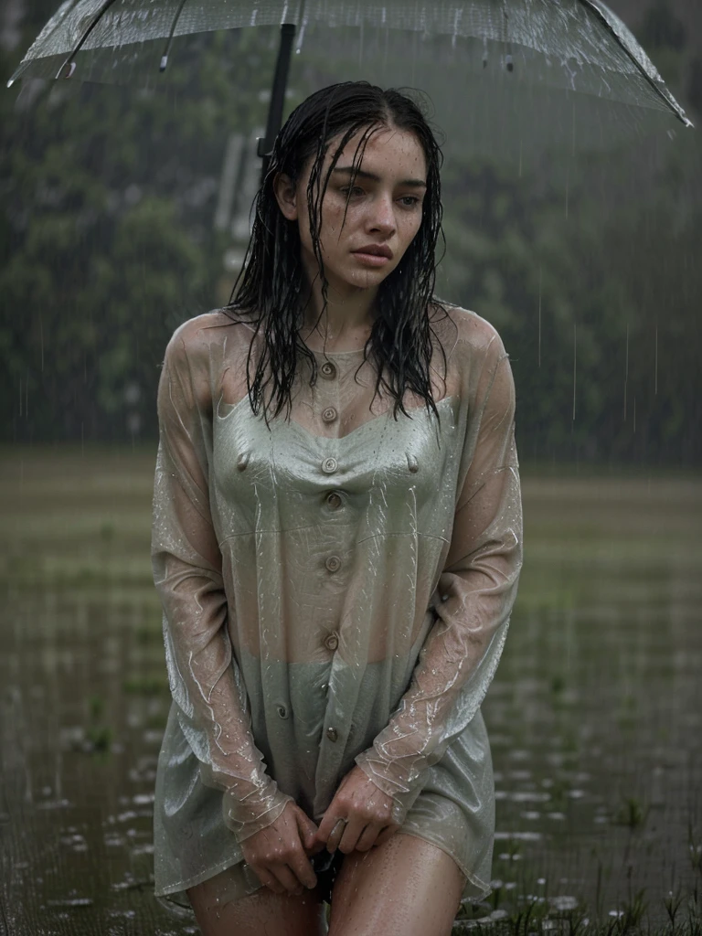 a young woman under (rain:1. 5) on knee in the (wet high grass:1. 5) , (wet face:1. 5) , rainy drops, infinite solitude, dusty atmosphere, loneliness, ray tracing, elegant, intricate, very inspirational, stunning, highly detailed, complex, sharp focus, great composition, cinematic, modern fine classic, volumetric lighting,