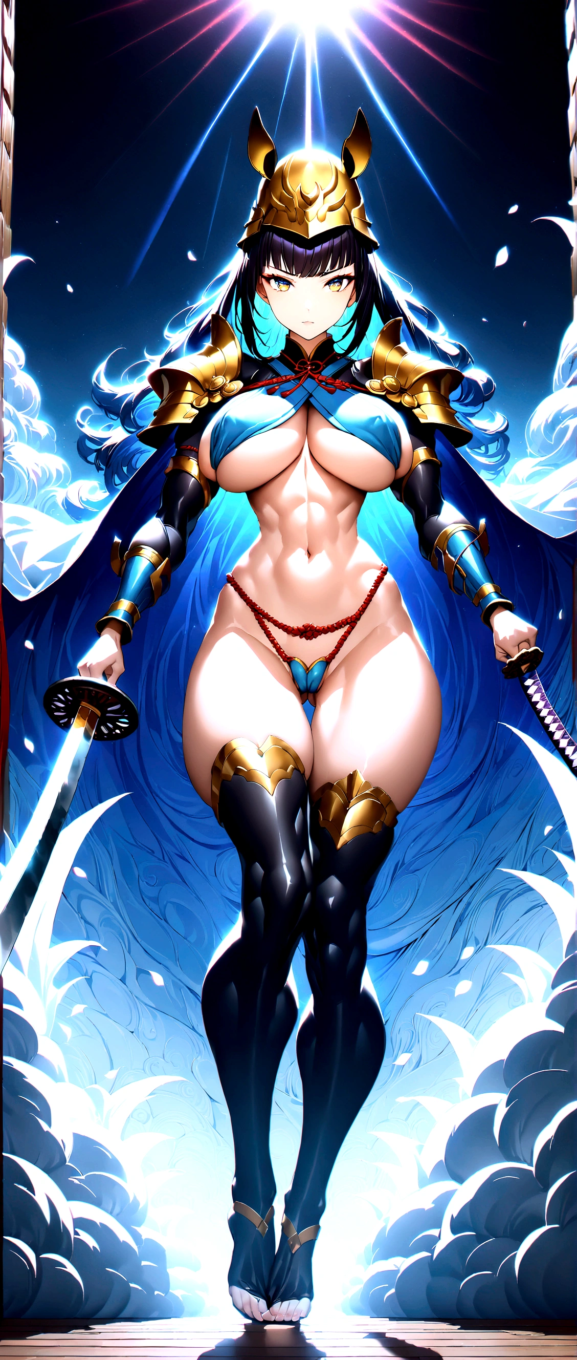 Busty bimbo asian warrior queen, ((fit)), strong, confident, stunning physique, ((((japanese))), (japanese facial features), (japanese body shape), glossy eyes, ((((beautiful)))), looking straight, sexy, (serious expression), stoic, ((oriental)), ((hyper sexualized)), raunchy, hourglass body, ((sexy)), (((mostly naked))), from the front, ((holding a katana)), ((perfect)), (feminine), bottomless, gold belly chain, japanese armored corset, japanese armored thigh highs, japanese armored sleeves, camel toe, naked sexy hips, japanese breast curtain, japanese sling-thong, japanese billowing cape, japanese armored shoulder pads, japanese helmet, voluptuous round juicy , underboob, voluptuous round ass, wide naked hips, hip cleavage, full shapely body, curvy, ornate japanese jewelry, vibrant aura, smooth shiny skin, (sexy lighting), cherry blossom battle background, smooth clean lines, ultra textured, ultra detailed, highest resolution, maximum quality, max detail, vivid colors, max texture, energetic composition, dramatic lighting, crystal clear, d perspective, high contrast, seamlessly blended, photorealistic rendering, chromatic aberration, subpixel precision, bokeh effect depth art, anamorphic perspective, hdr high dynamic range, spectral color graded, photometric lighting, fearsome, ethereal