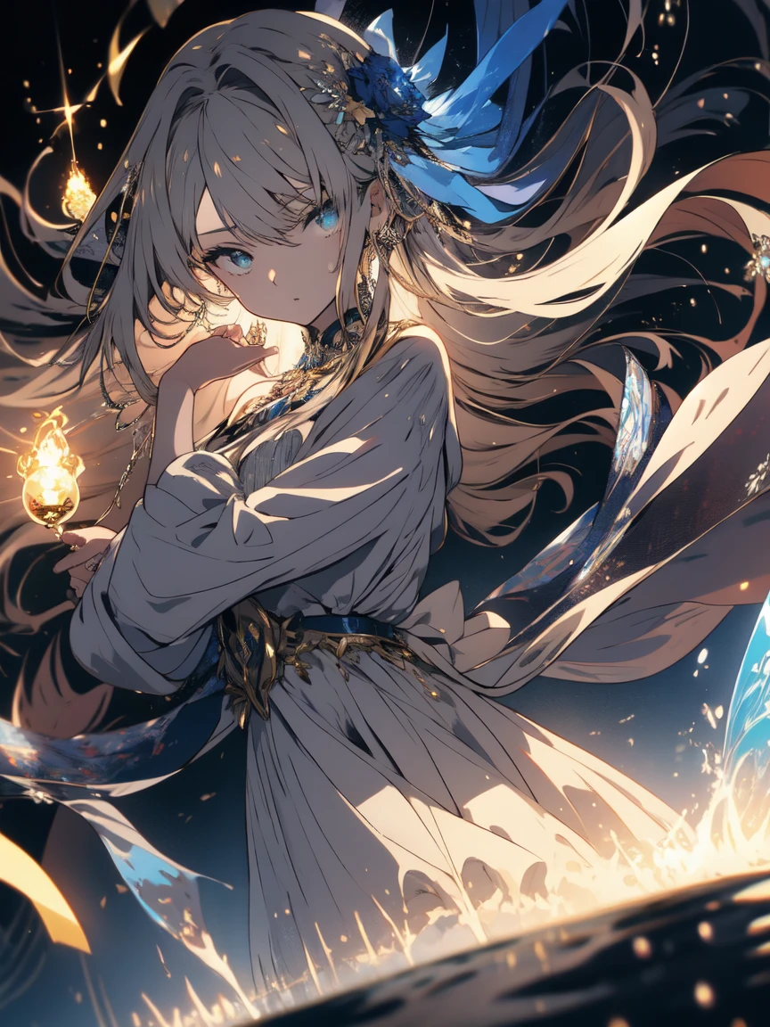 (Highest quality、masterpiece、High resolution、Familiar)、(Shining Eyes、Familiar美しい顔)、(1 Girl), Long Hair, Light Hair Color, Captivating eyes, Mysterious look, Mature atmosphere, Attractive dress, loose fitting dress, Elegant Jewelry, Elaborate decoration, Magic symbols, Glowing Accessories, One, scroll, Cute accent, ribbon, Flowers,Beautiful Anime、Artistic、(shape)、