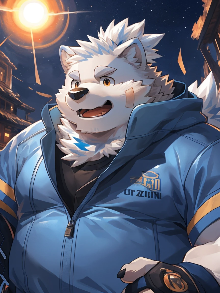 human nature, Wildlife, male,18 years old， solitary, ((Round Face, The face is plump,Orange eyes,Thick white hair，With scars)), ((Endomorph, Handsome，Hot Blood)), (Sportswear，Light blue and white coat，Wear a sports cap), ((domestic 犬, Dog Orc，) Fluffy fur, Fluffy), Bokeh, (high quality, high resolution, masterpiece), (Dynamic Lighting, Vibrant colors，Natural fill light), (Revitalize，harm，Disdain，aggressive), Full body picture (close up), cartoon, author：Takemoto Arashi, From zixiong, By Chunni, author：Empty Ghost，（background：Night cottage door）