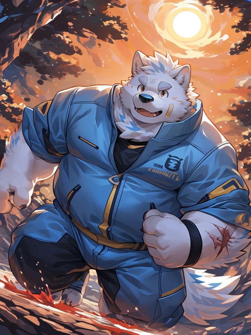 human nature, Wildlife, male,18 years old， solitary, ((Round Face, The face is plump,Orange eyes,Thick white hair，With scars)), ((Endomorph, Handsome，Hot Blood)), (Sportswear，Light blue and white coat，Wear a sports cap), ((domestic 犬, Dog Orc，) Fluffy fur, Fluffy), Bokeh, (high quality, high resolution, masterpiece), (Dynamic Lighting, Vibrant colors，Natural fill light), (Revitalize，harm，Disdain，aggressive), Full body picture (close up), cartoon, author：Takemoto Arashi, From zixiong, By Chunni, author：Empty Ghost，（background：Night cottage door）