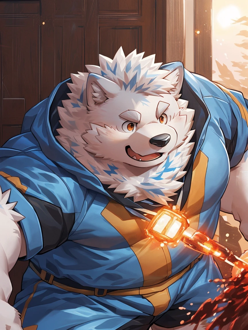 human nature, Wildlife, male,18 years old， solitary, ((Round Face, The face is plump,Orange eyes,Thick white hair，With scars)), ((Endomorph, Handsome，Hot Blood)), (Sportswear，Light blue and white coat，Wear a sports cap), ((domestic 犬, Dog Orc，) Fluffy fur, Fluffy), Bokeh, (high quality, high resolution, masterpiece), (Dynamic Lighting, Vibrant colors，Natural fill light), (Revitalize，harm，Disdain，aggressive), Full body picture (close up), cartoon, author：Takemoto Arashi, From zixiong, By Chunni, author：Empty Ghost，（background：Night cottage door）