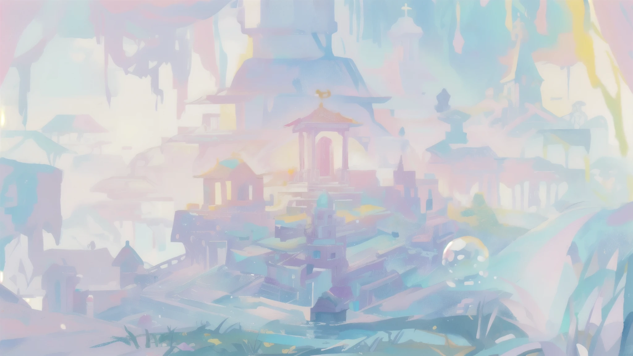 there is a picture of a cartoon scene with a giant bubble, Colorful biomorphic temple, Symmetrical fantasy landscape, water temple, challenging rainbow environment, colorful concept art, Temple of Jellyfish, detailed dream landscape, background artwork, opalescent palace, A huge floating castle, Pastel overflow, fantasy watercolor, The Ethereal Realm, background art, temple background