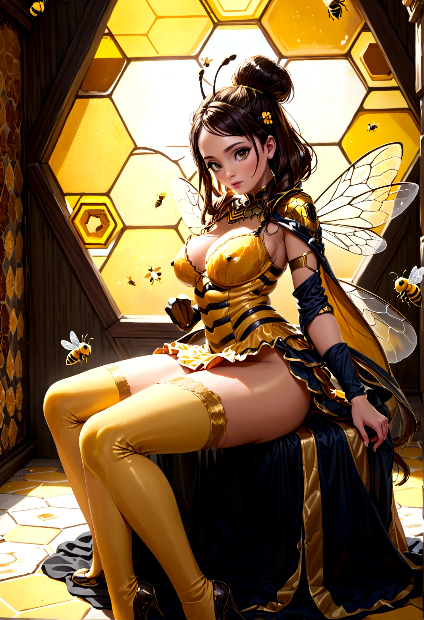 the queen of the bees (lovely woman, regal bee themed dress, ornate honeycomb throne) set within a massive fantasy beehive, she is attended to by many (bee|woman) drones (bee themed body paint)