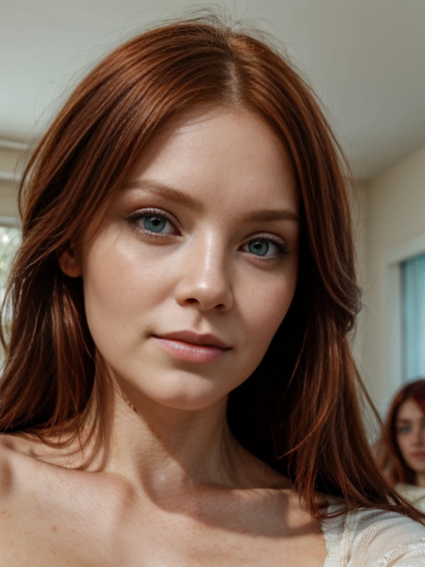 single focus lens, face is realistic, sensual woman, taking a selfie, red hair, ice blue eyes, flawless skin, natural makeup, slight smile, highly detailed textures, photorealistic skin, (soft natural lighting:1.2), blurred background of a cozy bedroom, face close-up, perfectly framed, capturing the vibrant colors and intricate details