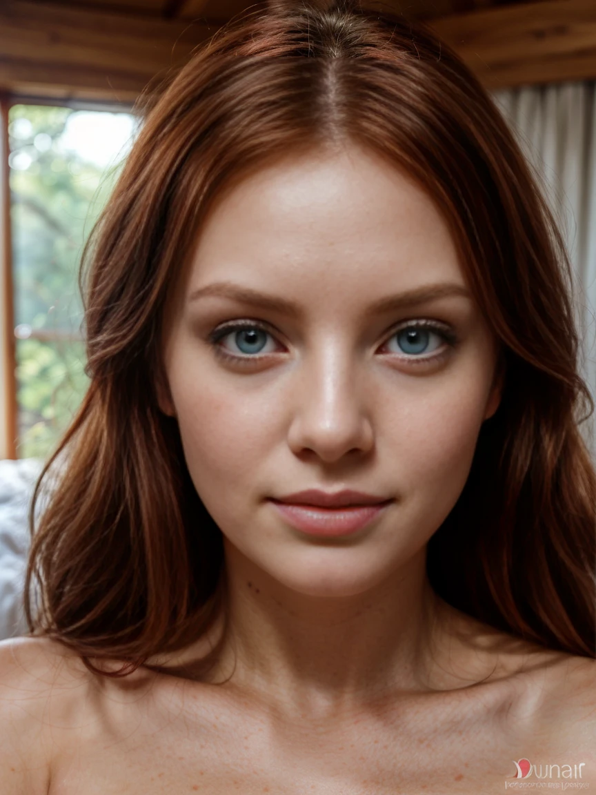 single focus lens, face is realistic, sensual woman, taking a selfie, red hair, ice blue eyes, flawless skin, natural makeup, slight smile, highly detailed textures, photorealistic skin, (soft natural lighting:1.2), blurred background of a cozy bedroom, face close-up, perfectly framed, capturing the vibrant colors and intricate details