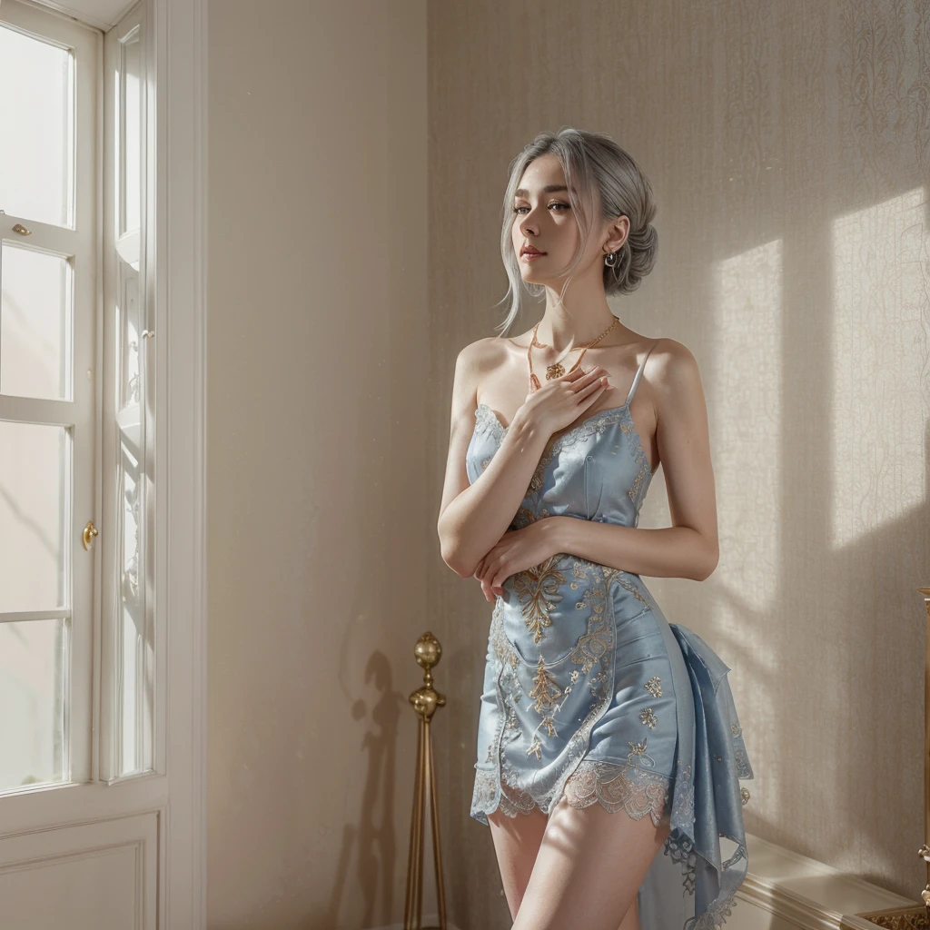 blue lace gold&good, (((Very luxurious and beautiful, perfect details, Awesome details))), whole body, The most detailed girls, Depth of writing region, 美しく詳細なwhole body, slender legs, 1 woman, 30 years old, very short hair, spiky hair, gray and silver hair, Beautifully detailed hair, perfect face, expressionless, Deep eyes, beautiful details, Open your mouth slightly., Delicate arms and hands, Pale skin, earring, Beautiful and elegant necklace, colorful background, HD background, blurred background, Very delicate and beautiful, Masterpiece, (((Highest quality, Very beautiful CG 8K wallpaper.))), (((Trendy Hairstyles))), (inside the room,Modern interior,window),