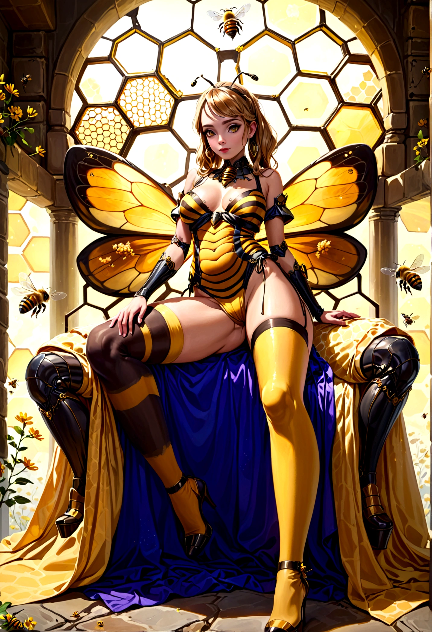 the queen of the bees (lovely woman, regal bee themed dress, ornate honeycomb throne) set within a massive fantasy beehive, she is attended to by many (bee|woman) drones (bee themed body paint)
