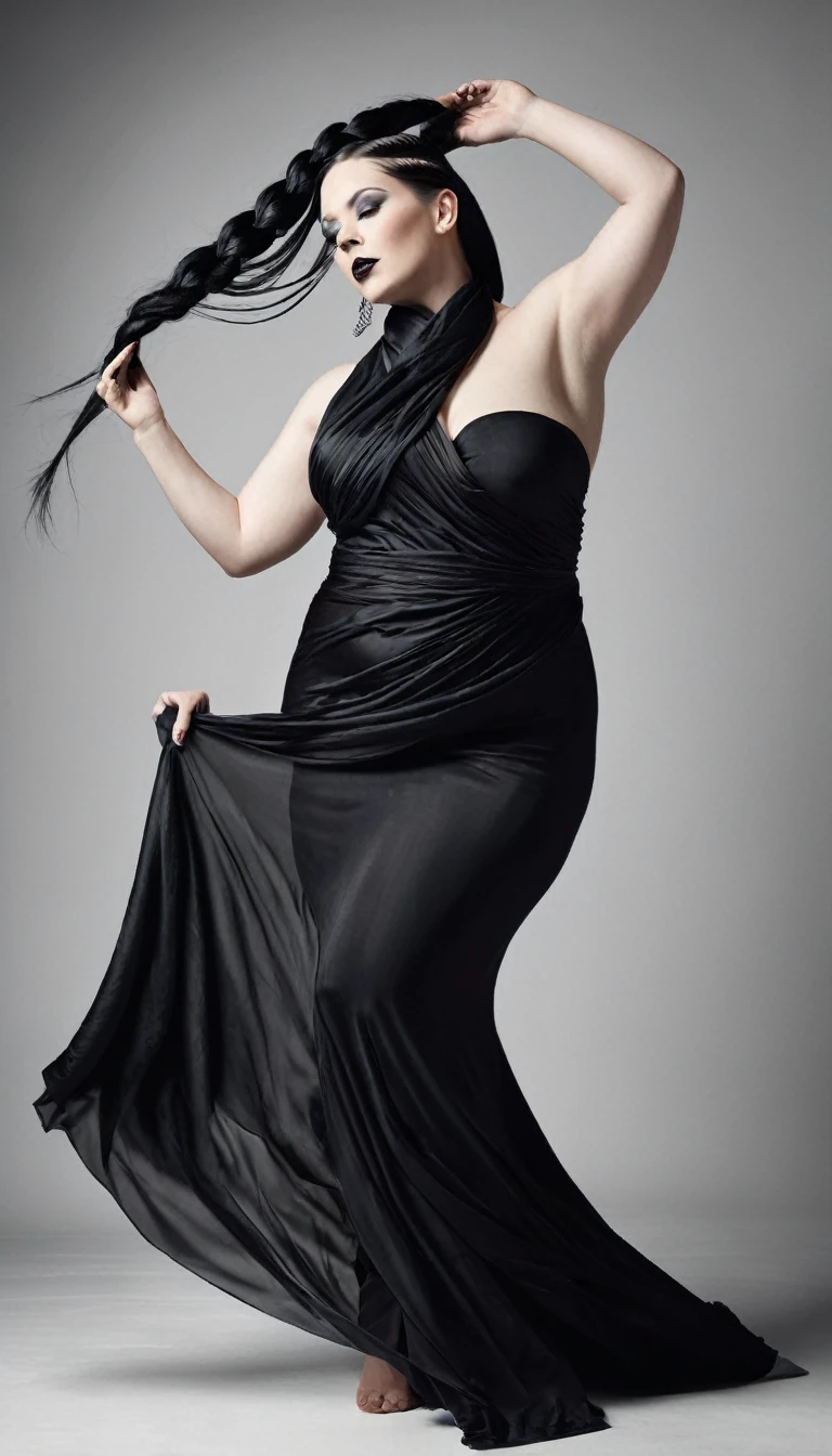 A stunning, high-realistic, studio photograph of a chubby scandinavian woman, (Ingrid Mueller) 35 years old, goth woman. black dyed hair , sidecut and braided hairstyle dancing, nude. naked. pale skin . goth make-up, dancing . clothed only in intricately draped, flowing black silk scarves, evoking a sense of elegance and grace. Captured in a monochromatic color palette, the black and white tone amplifies the textures and shadows, adding depth to the fluid, energetic movement of the subject. Soft, diffused lighting accentuates the woman's sinuous curves, as her slender limbs seem to blur in motion, exuding a sense of freedom and joy.