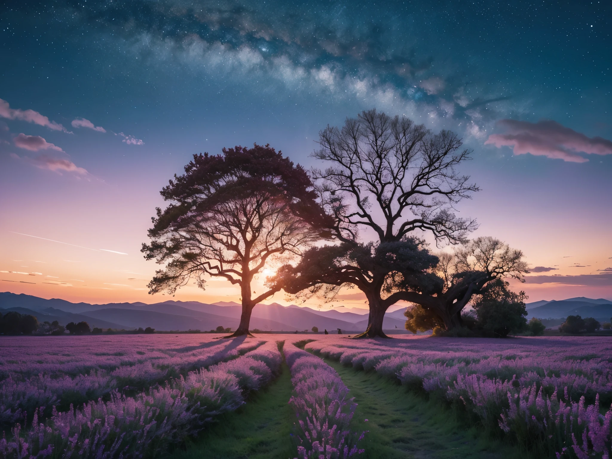 As the day fades into night, the sky is painted in soft pinks, purples, and blues, casting a tranquil and enchanting atmosphere. In the foreground, a majestic and ancient oak tree stands tall, its twisted branches reaching towards the fading light. This breathtaking image, captured in a vivid oil painting, exudes a sense of calm and wonder. The colors blend seamlessly, creating a dreamlike landscape that transports viewers to a peaceful, otherworldly realm.