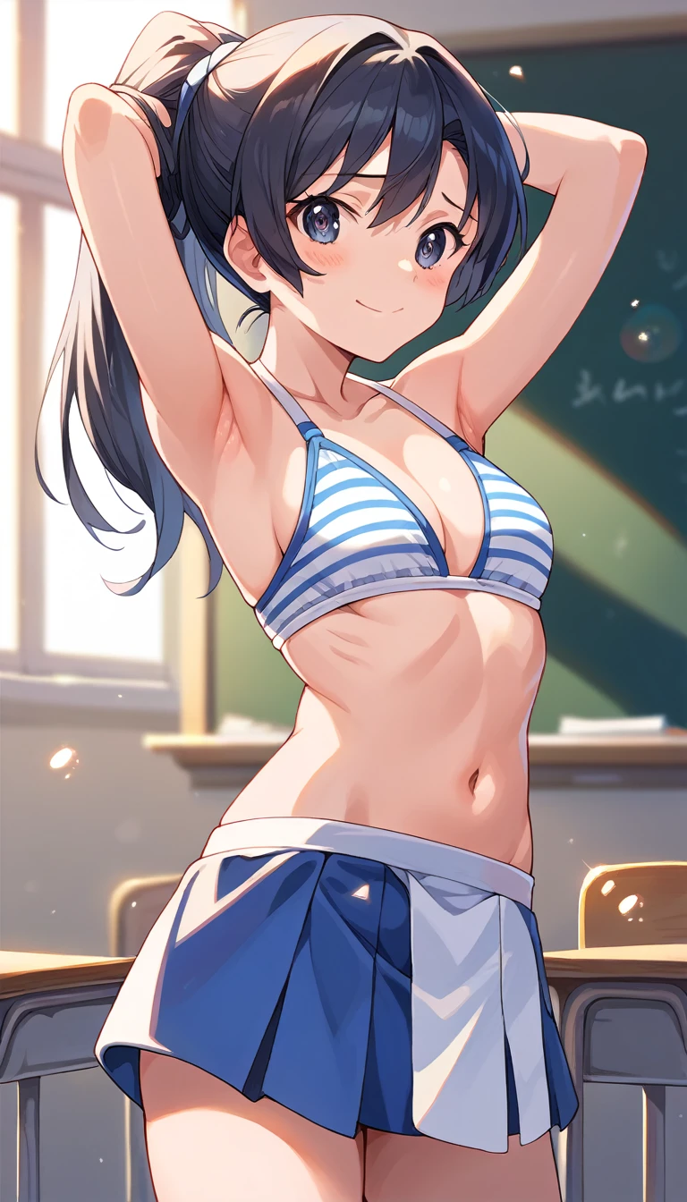 score_9, score_8_up, score_7_up, source_anime, 1girl, solo, light blue and white striped bikini, detailed face, detailed eyes, black hair, ponytail, embarrassed smile, arms behind head, standing, classroom, blackboard, cowboy shot, bokeh, masterpiece, best quality, super detail