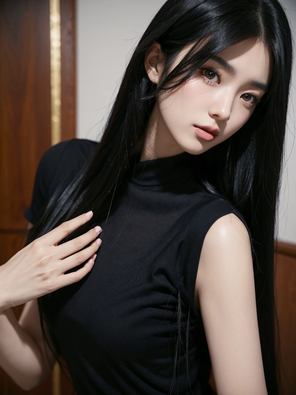 A man in a black shirt、Close-up of lady with long black hair, Ulzan, Korean Girl, She has black hair，With bangs, 2 4-year-old female model, Beautiful young Korean woman, Photos of slim girls, Beautiful Korean woman, Jisoo from Blackpink, cruel korean goth girl, Long hair, black hime cut hair, Instagram Models