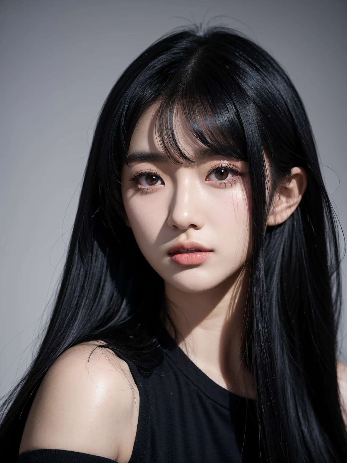 A man in a black shirt、Close-up of lady with long black hair, Ulzan, Korean Girl, She has black hair,With bangs, 2 4-year-old female model, Beautiful young Korean woman, Photos of slim girls, Beautiful Korean woman, Jisoo from Blackpink, cruel korean goth girl, Long hair, black hime cut hair, Instagram Models