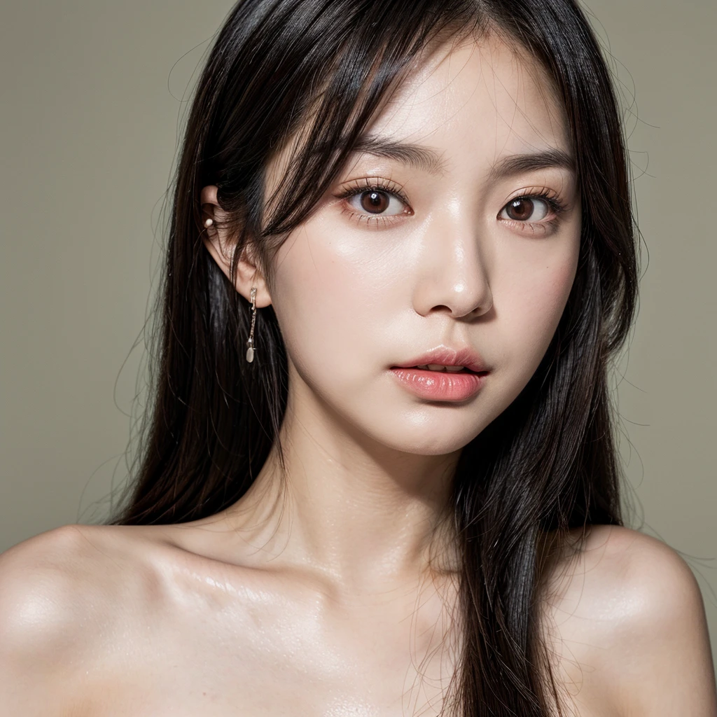 (8K, 4K, Best Quality, High Definition, Ultra High Definition: 1.1), (Masterpiece, Realistic, Photorealistic: 1.1), Solo, Japanese woman, H cup, cool, erotic, model's expression, porn star, Long straight black hair with bangs that reach her eyebrows, large round eyes with double eyelids, small straight nose, well-shaped small lips, smooth fair skin, soft round face, shiny hair, natural eyebrow shape, small ears, soft jawline, natural cheek blush, even skin tone, defined lip contour, center hair part, eye sparkle, wearing a white top, universally appealing and beautiful,