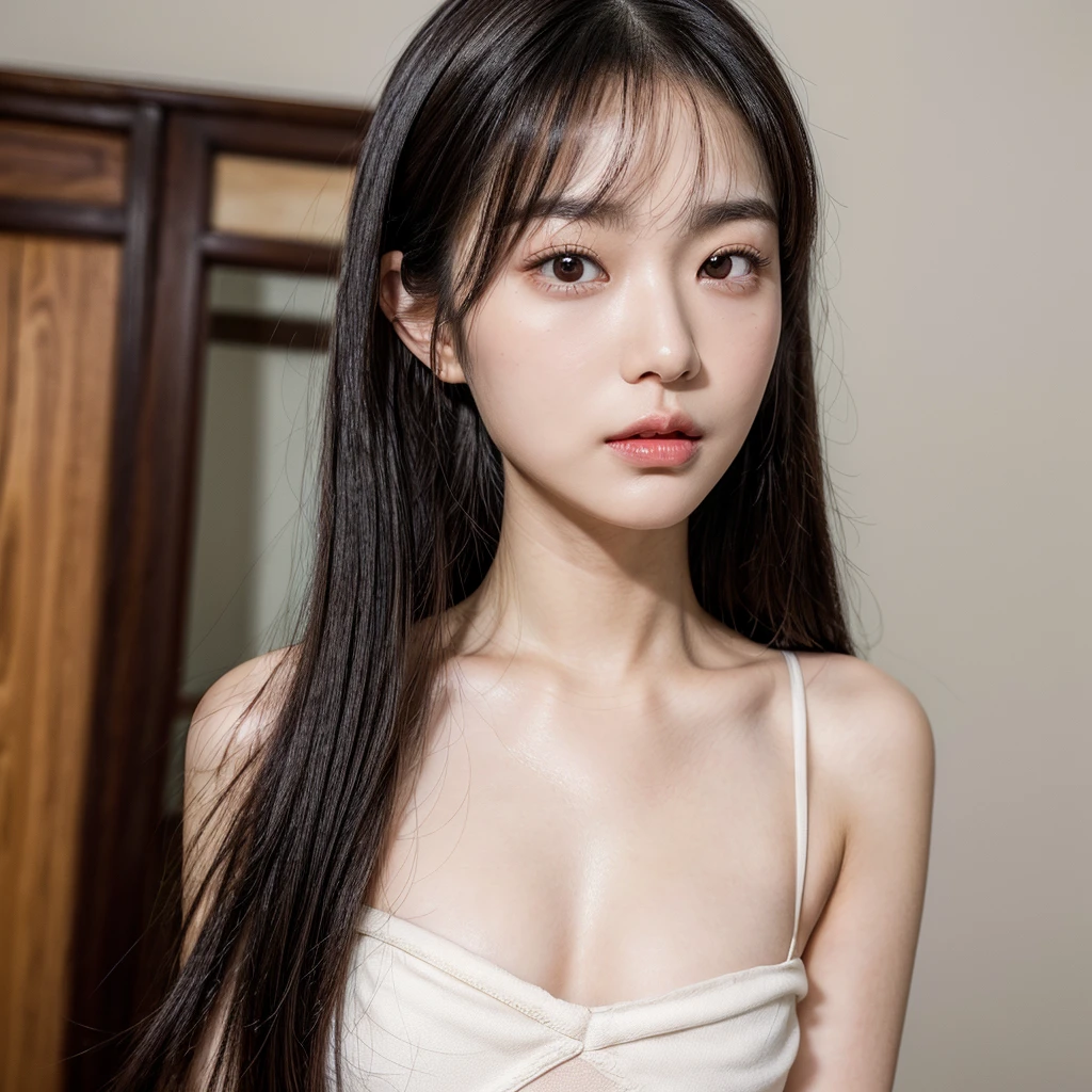 (8K, 4K, Best Quality, High Definition, Ultra High Definition: 1.1), (Masterpiece, Realistic, Photorealistic: 1.1), Solo, Japanese woman, H cup, cool, erotic, model's expression, porn star, Long straight black hair with bangs that reach her eyebrows, large round eyes with double eyelids, small straight nose, well-shaped small lips, smooth fair skin, soft round face, shiny hair, natural eyebrow shape, small ears, soft jawline, natural cheek blush, even skin tone, defined lip contour, center hair part, eye sparkle, wearing a white top, universally appealing and beautiful,
