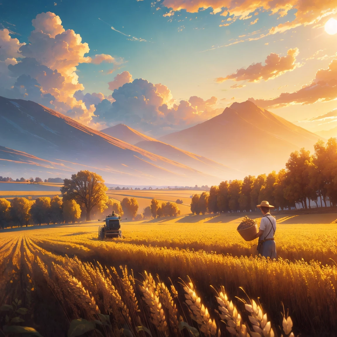 Masterpiece, best quality, (very detailed CG unified 8k wallpaper) (best quality), (best illustration), (best shade) nature harvest wheat, super meticulous --v6, people working in the fields