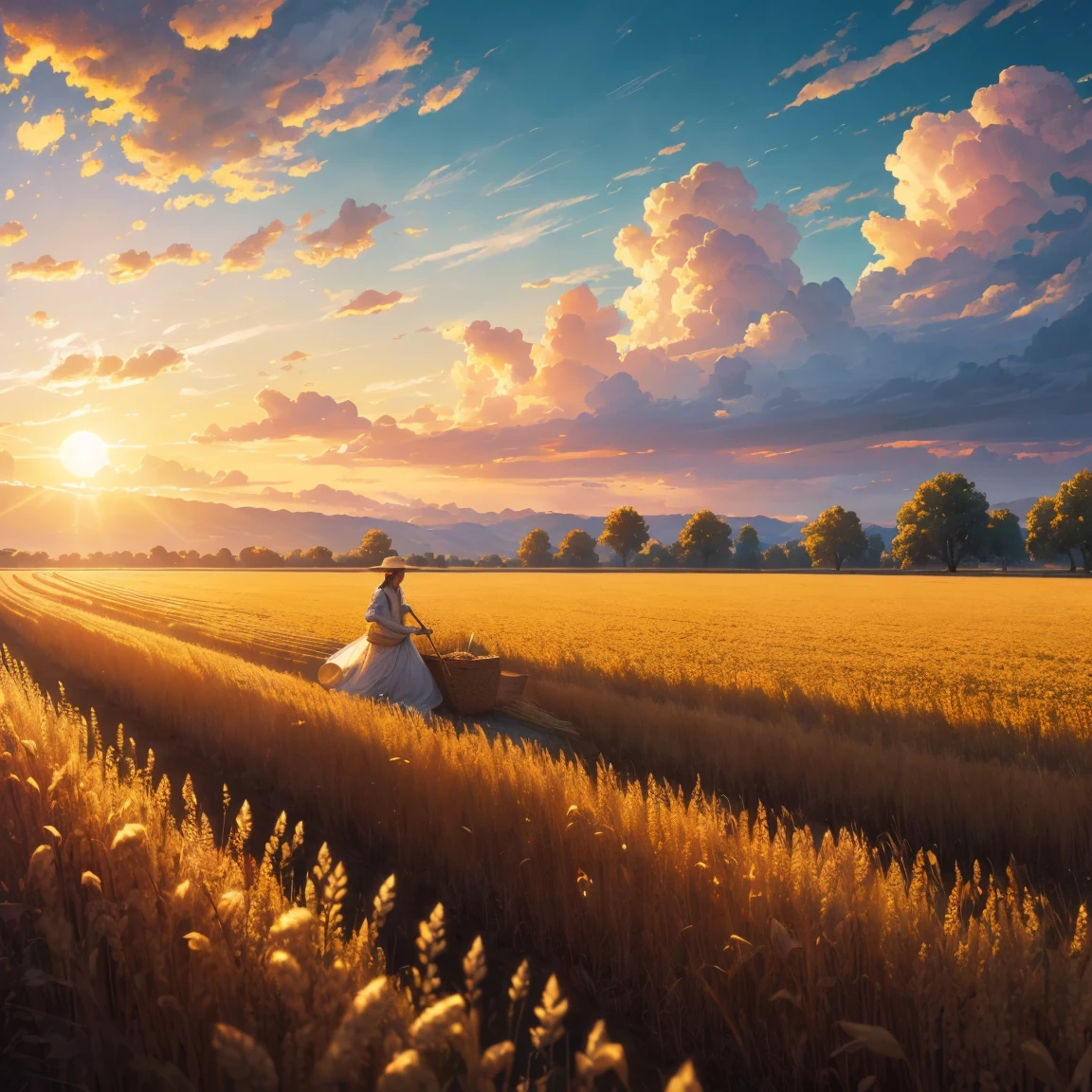 Masterpiece, best quality, (very detailed CG unified 8k wallpaper) (best quality), (best illustration), (best shade) nature harvest wheat, super meticulous --v6, people working in the fields