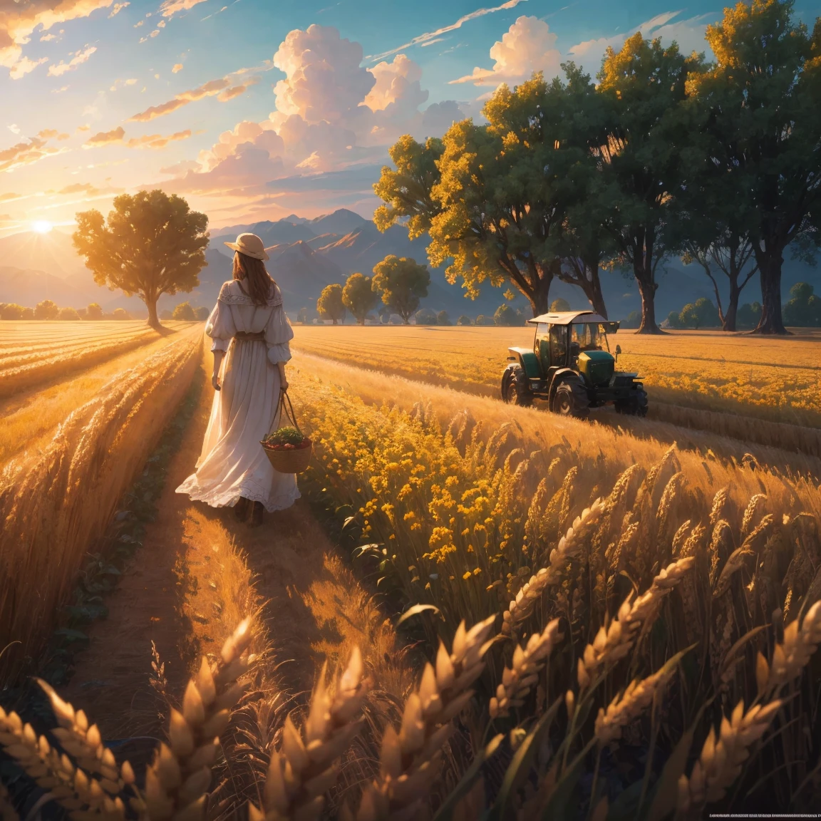 Masterpiece, best quality, (very detailed CG unified 8k wallpaper) (best quality), (best illustration), (best shade) nature harvest wheat, super meticulous --v6, people working in the fields