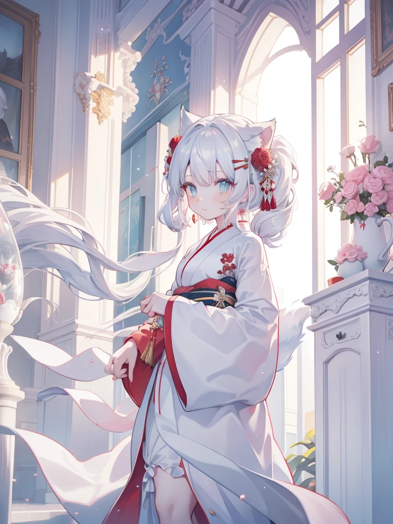 There is a woman in a white dress，A red rose was stuck in her hair, Anime role play, Anime girl role play, role play foto, Anime style mixed with Fuji film, role play, White-haired God, a beautiful fox woman, role play game maker, white cat girl, silver hair girl, internal medicine rice, real life anime girls, haircut hairstyle kimono