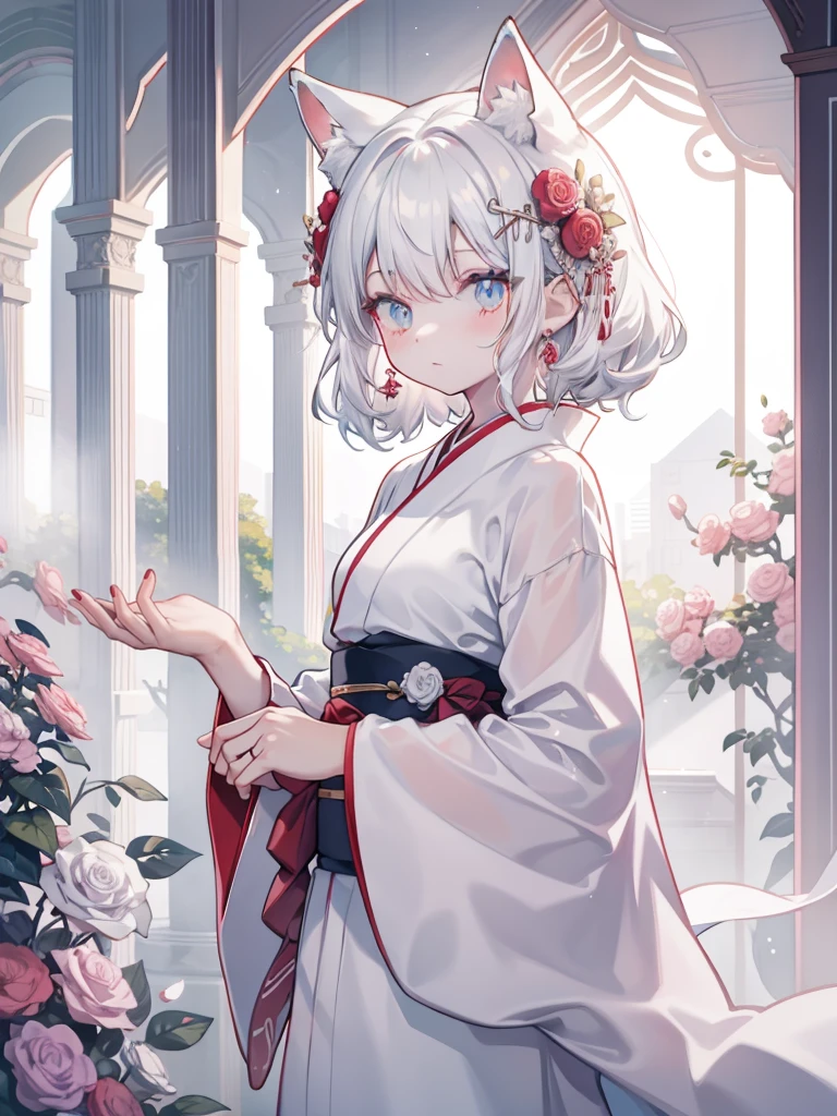 There is a woman in a white dress,A red rose was stuck in her hair, Anime role play, Anime girl role play, role play foto, Anime style mixed with Fuji film, role play, White-haired God, a beautiful fox woman, role play game maker, white cat girl, silver hair girl, internal medicine rice, real life anime girls, haircut hairstyle kimono