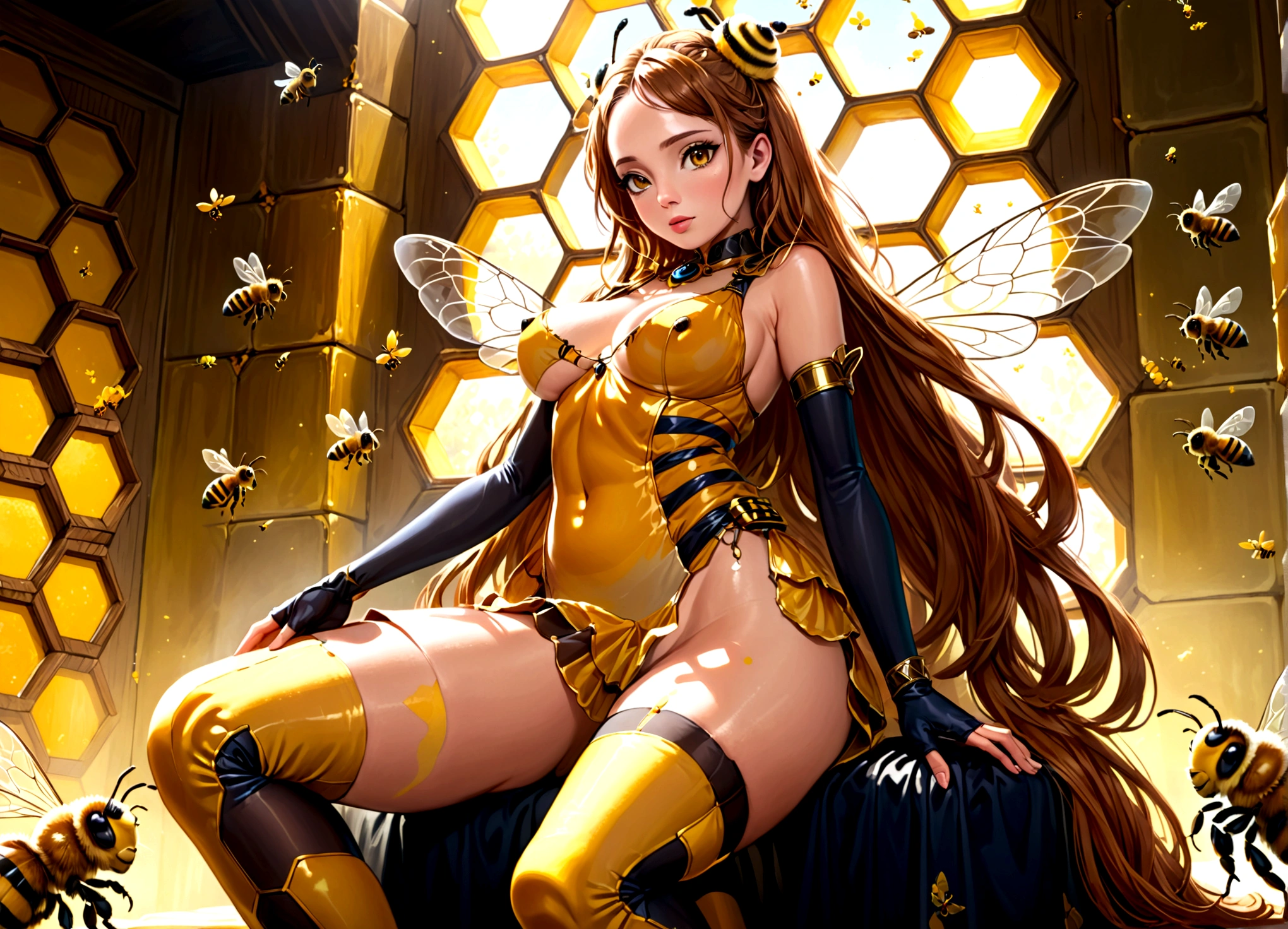 the queen of the bees (lovely woman, regal bee themed dress, ornate honeycomb throne) set within a massive fantasy beehive, she is attended to by many (bee|woman) drones (bee themed body paint)
