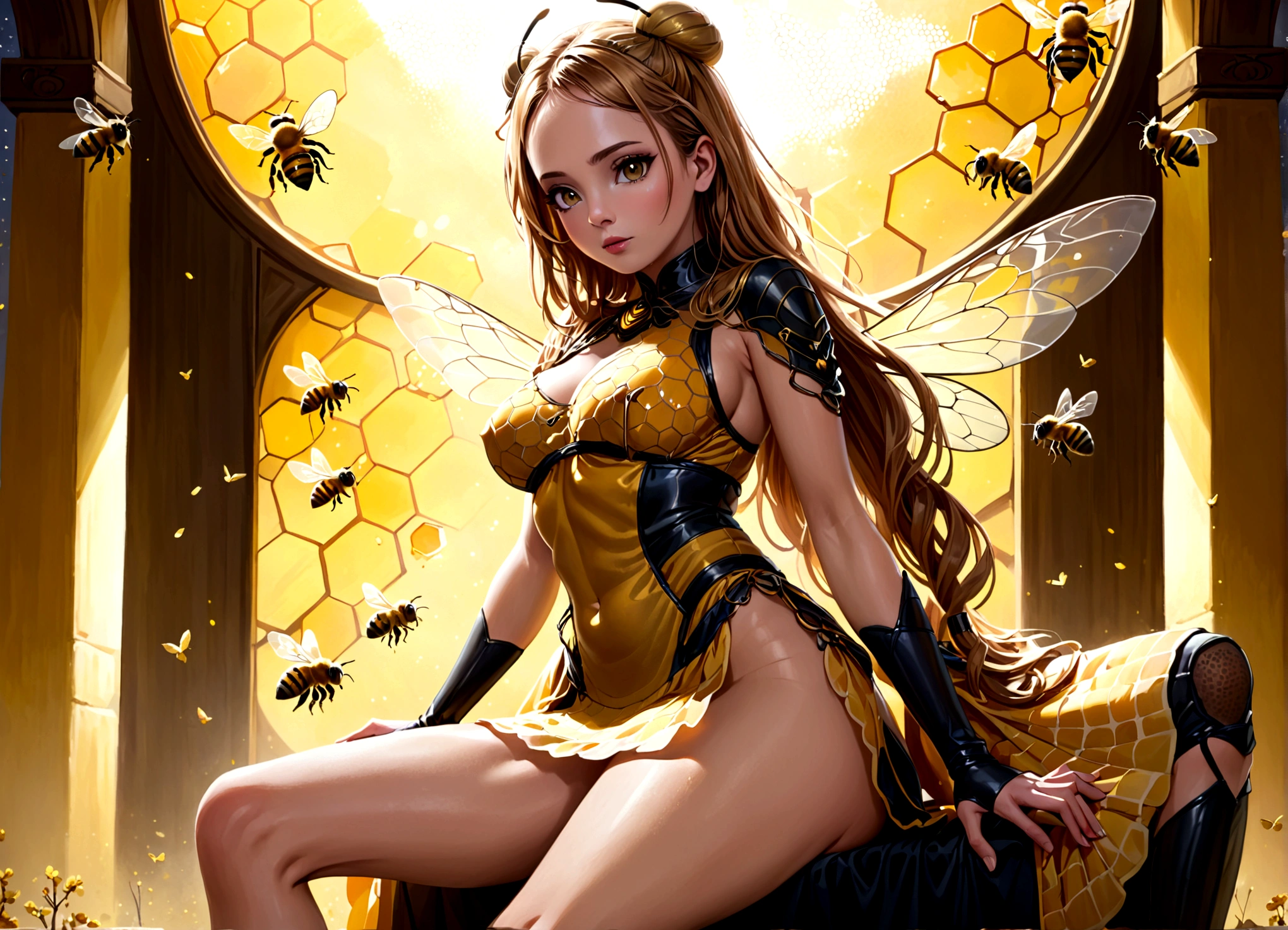 the queen of the bees (lovely woman, regal bee themed dress, ornate honeycomb throne) set within a massive fantasy beehive, she is attended to by many (bee|woman) drones (bee themed body paint)
