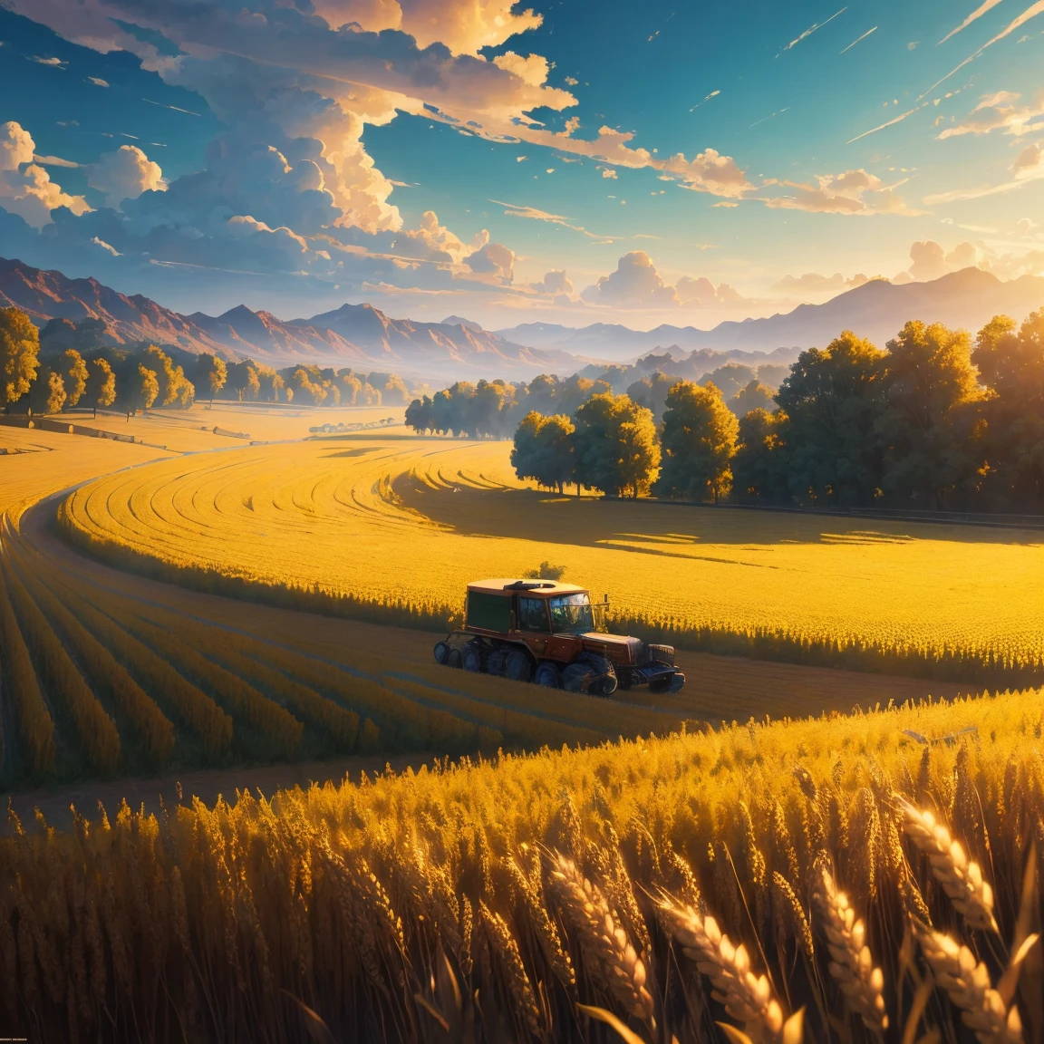 Masterpiece, best quality, (very detailed CG unified 8k wallpaper) (best quality), (best illustration), (best shade) nature harvest wheat, super meticulous --v6, people working in the fields