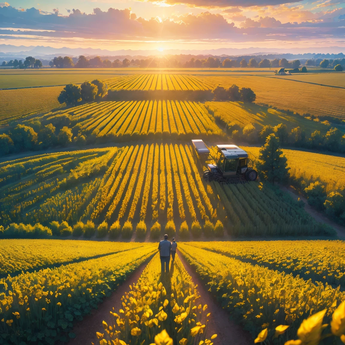 Masterpiece, best quality, (very detailed CG unified 8k wallpaper) (best quality), (best illustration), (best shade) nature harvest wheat, super meticulous --v6, people working in the fields