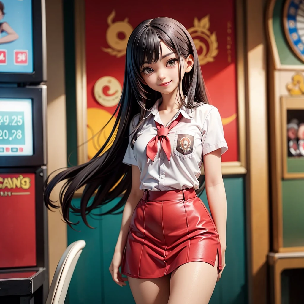 happy and smile, {{indonesian girl}}, {wearing high school uniform}, teasing and waiting customer play, standing, playing in casino, red casino background, polite and kind, Sweet Face,